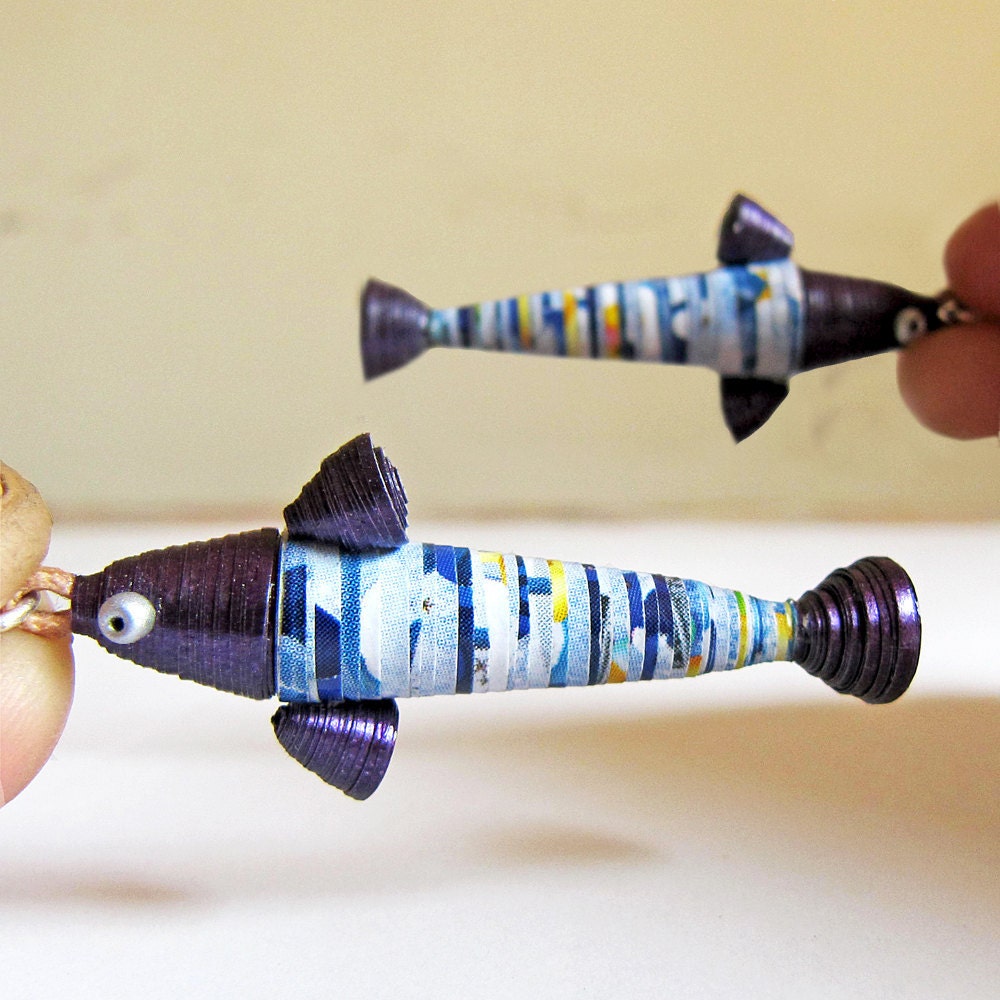 Fish Earrings - Animal jewelry - Beaded jewelry - Long earrings - Fish, Animal, Beaded, Long, Beach, Sea, Ocean, Aqua blue, Violet, Purple