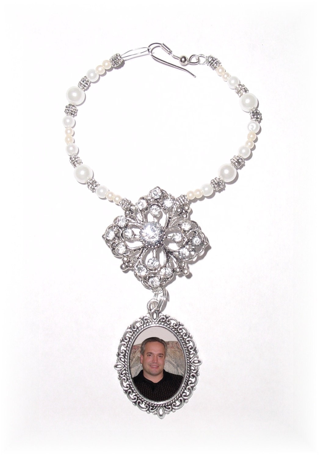 Wedding Bouquet Memorial Photo Oval Antiqued Metal Charm Crystal Gems Pearlsl Silver Diamond Tibetan Beads - FREE SHIPPING