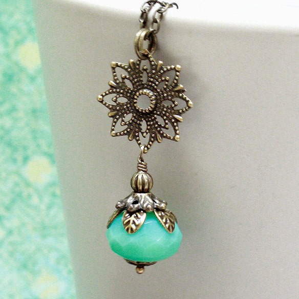 Aqua Green Czech Glass Bead Necklace - C.265