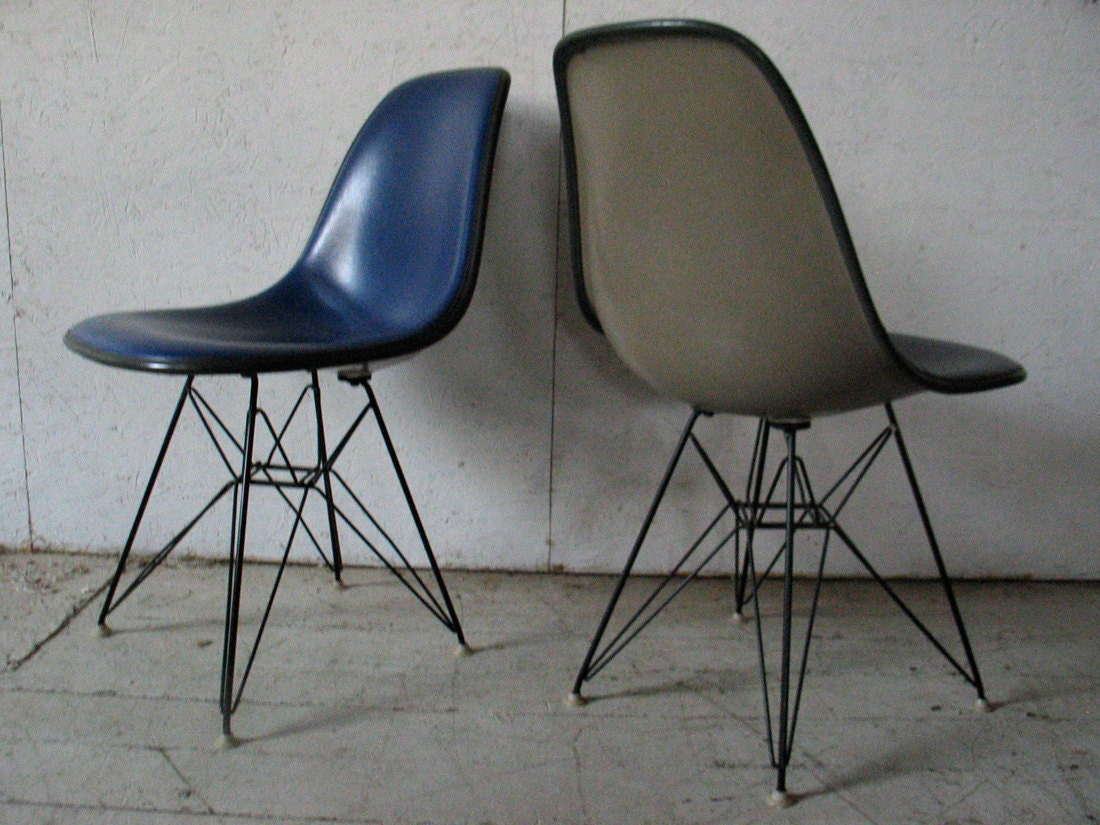 Pair Herman Miller  Blue Grey Shell Chairs - Eames Fiberglass chairs   Eiffel Wire Base  - vintage herman miller chairs