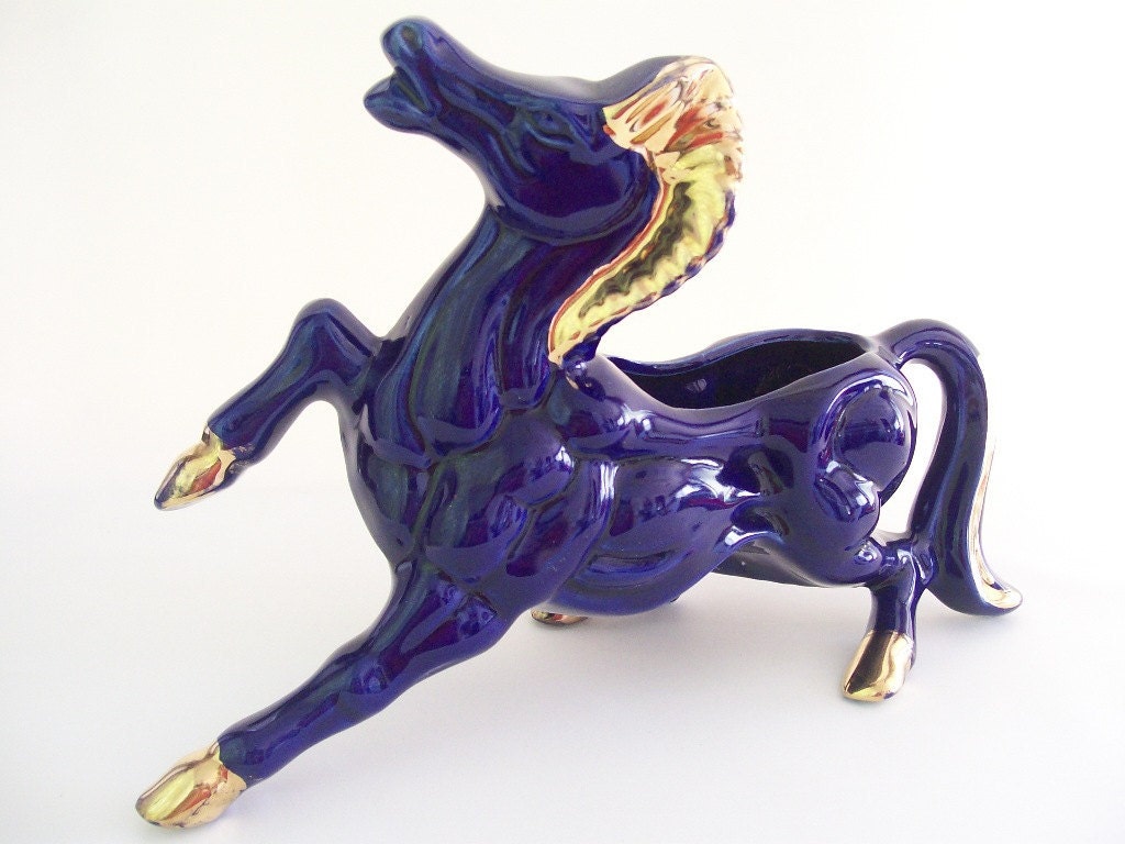 vintage horse tv planter figurine home decor royal indigo blue gold mid century modern retro decorative mad men