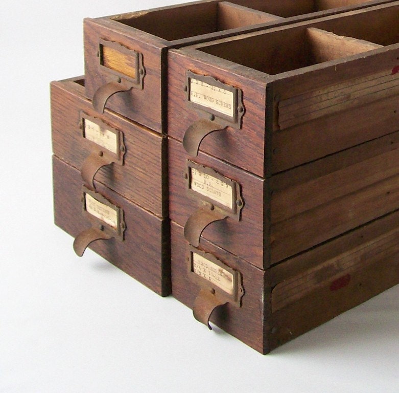 vintage storage drawer bin wood box hardware store display industrial rustic office chic home decor brown wooden box