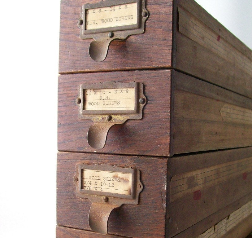 vintage storage drawer bin wood box hardware store display industrial rustic office chic home decor brown wooden box