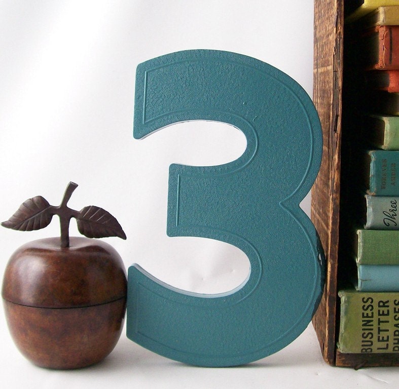 number 3 vintage marquee sign retro wall hanging home decor teal green blue initial industrial modern business store three