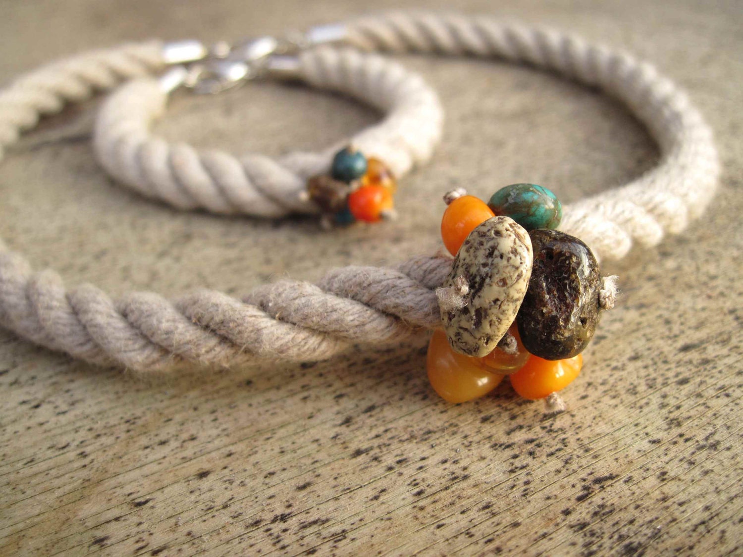 Sailing Rope Jewelry Summer Fashion Choker Necklace Bracelet Set Raw Stone Amber Turquoise Coral Orange Teal Earthy Nautical Cluster Pendant