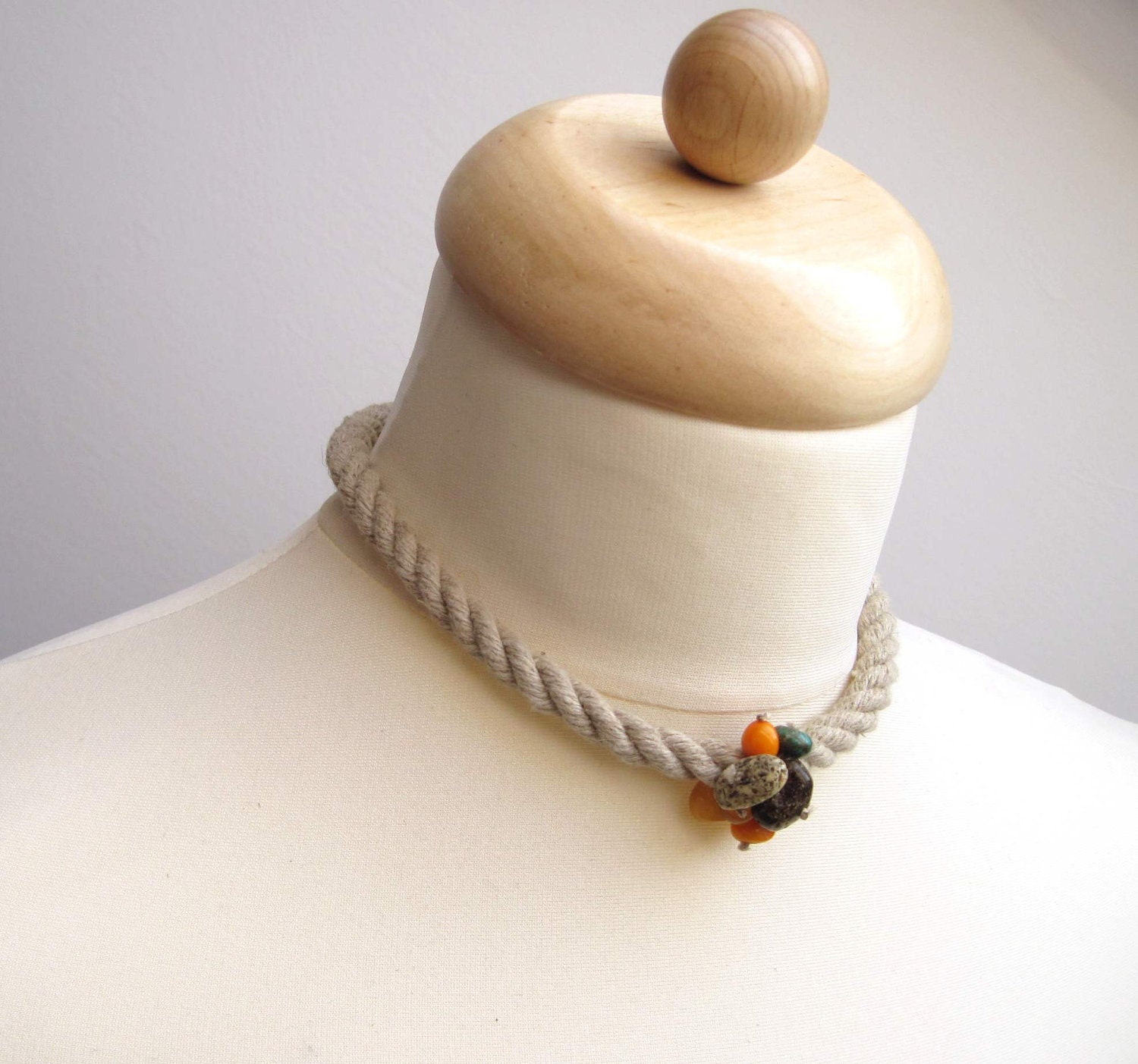 Sailing Rope Jewelry Summer Fashion Choker Necklace Bracelet Set Raw Stone Amber Turquoise Coral Orange Teal Earthy Nautical Cluster Pendant