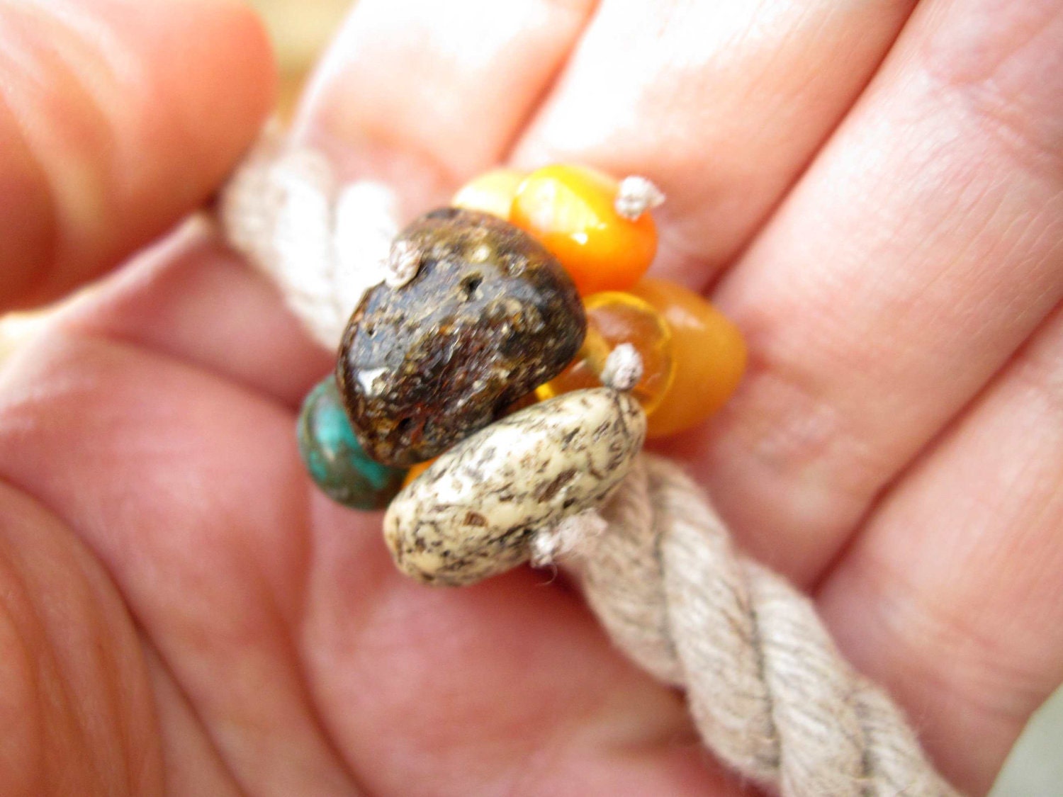 Sailing Rope Jewelry Summer Fashion Choker Necklace Bracelet Set Raw Stone Amber Turquoise Coral Orange Teal Earthy Nautical Cluster Pendant