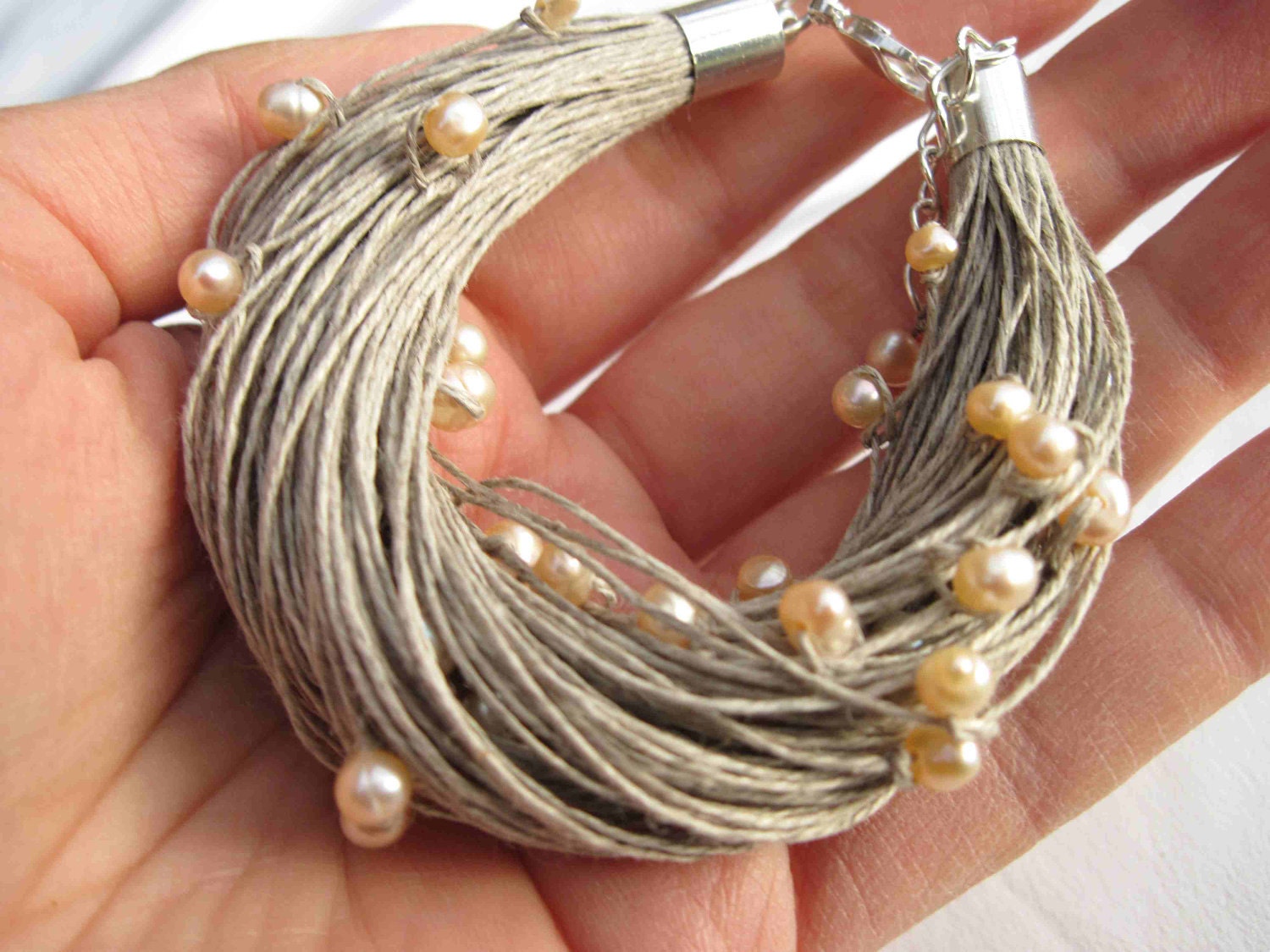 Wedding Pearl Jewelry Necklace Bracelet Linen Set Peachy Multistrand Pearl Necklace Cream Pink Gray Beaded Shabby Cottage Chic June Birthday