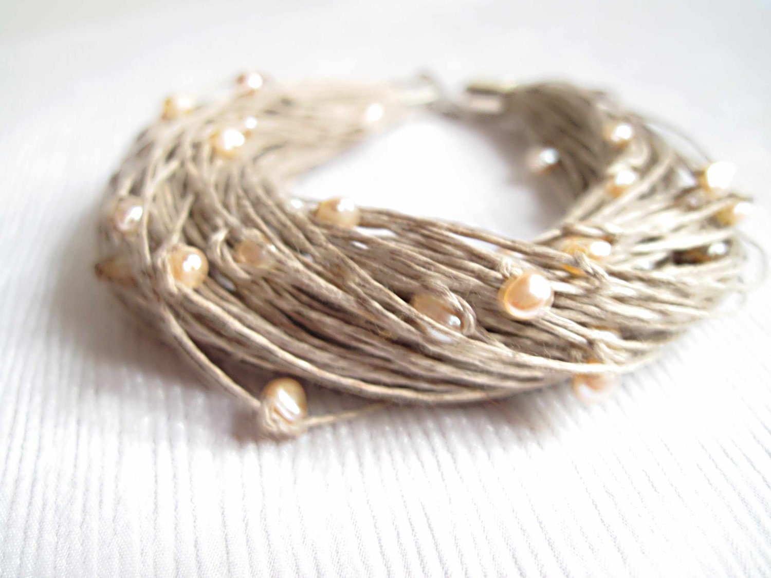 Wedding Pearl Jewelry Necklace Bracelet Linen Set Peachy Multistrand Pearl Necklace Cream Pink Gray Beaded Shabby Cottage Chic June Birthday