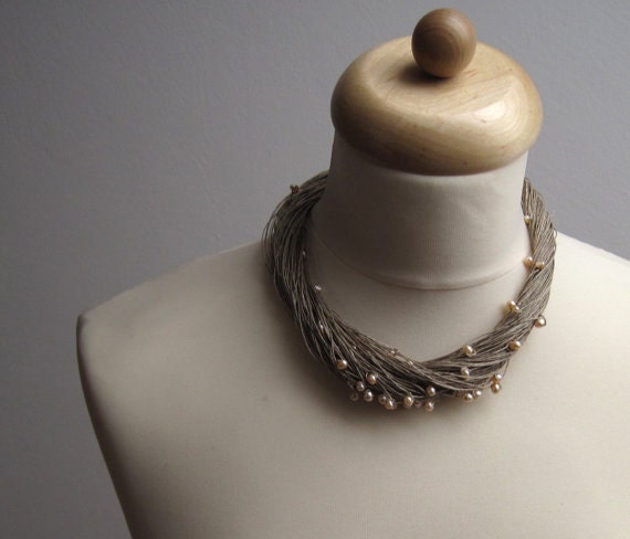 Wedding Pearl Jewelry Necklace Bracelet Linen Set Peachy Multistrand Pearl Necklace Cream Pink Gray Beaded Shabby Cottage Chic June Birthday