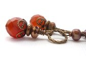 Orange Drop Earrings, Carnelian Stones, Wire Wrapped Earrings, Bronze Pearls, Vintage Inspired