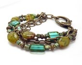 Mixed Metal Bracelet, Beaded, Teal Blue, Sage Picasso Glass, Multistrand Bracelet, Bronze Chains, Contemporary Jewelry