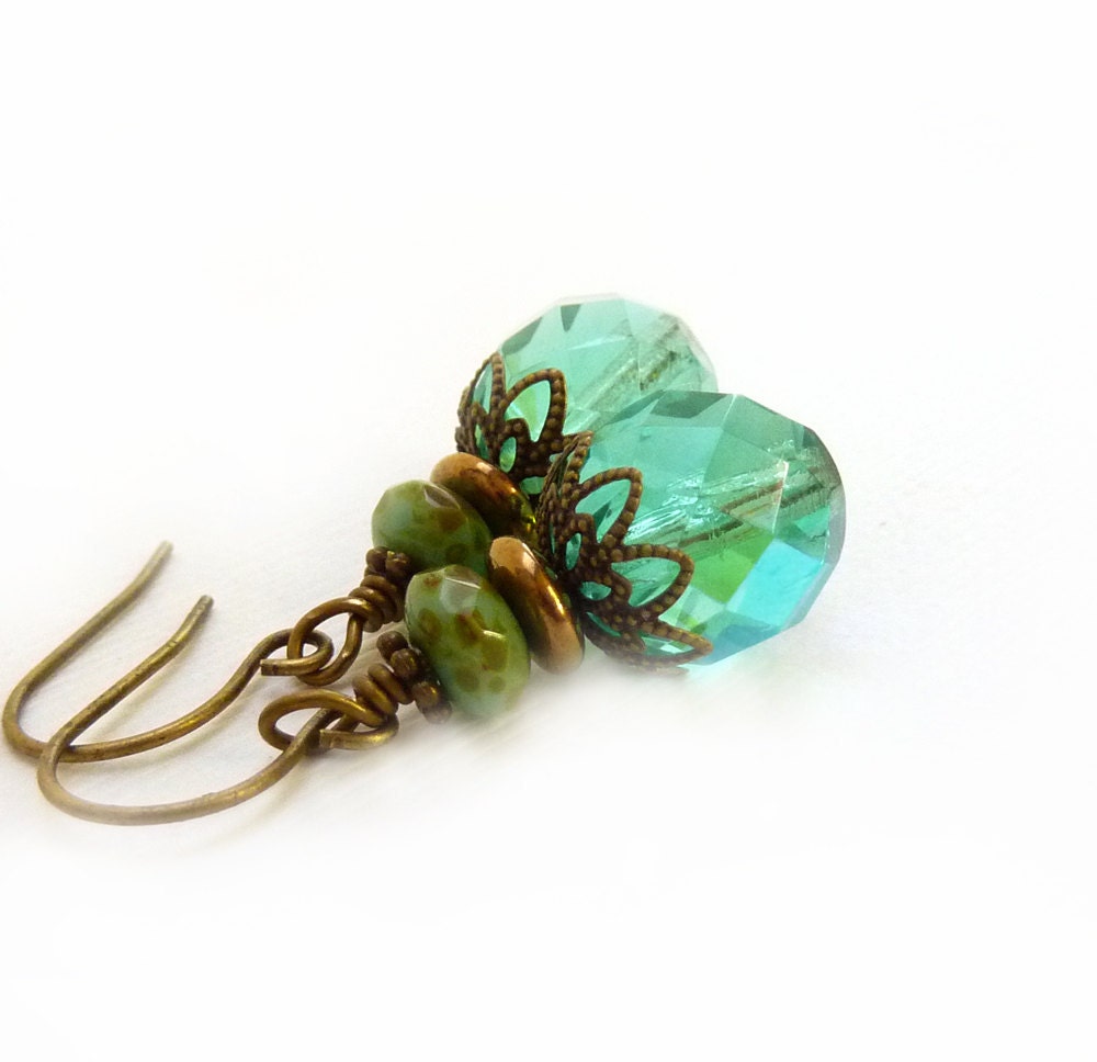 Aqua Drop Earrings, Turquoise Fire Polished Glass, Wire Wrapped Dangle Earrings, Boho Jewelry