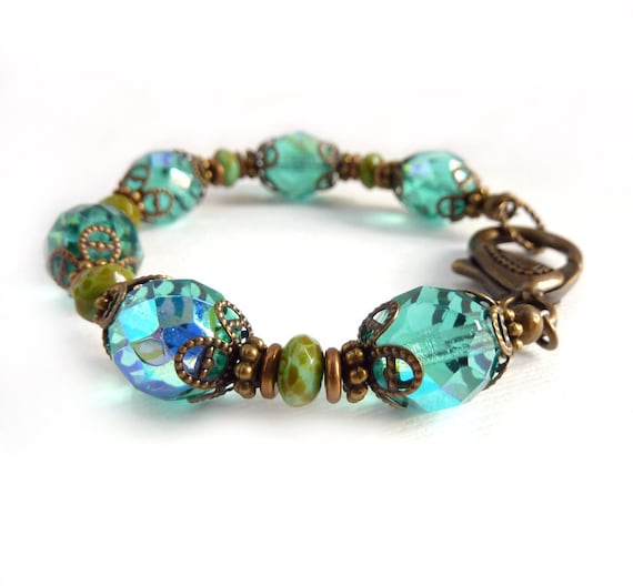 Chunky Turquoise Bracelet, Czech Fire Polished Glass, Retro Victorian Style, Beaded Bracelet, Boho Jewelry