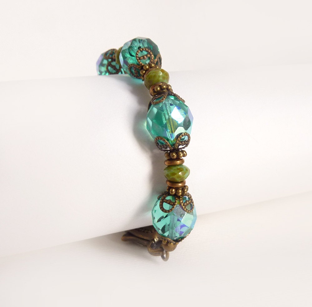 Chunky Turquoise Bracelet, Czech Fire Polished Glass, Retro Victorian Style, Beaded Bracelet, Boho Jewelry
