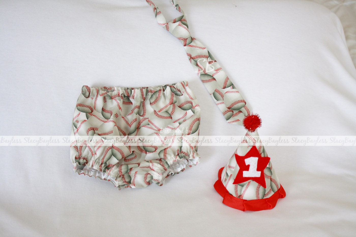 3 PIECE SET Party Hat - Diaper Cover - Necktie in Baseball for Cake Smash or First Birthday - ORIGINAL Design by StacyBayless Baby - Boys