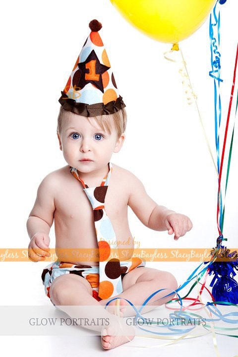 3 PIECE SET in Jumbo Orange Dot OR Choose Custom Colors for Party Hat-Diaper Cover-Necktie for Cake Smash or First Birthday