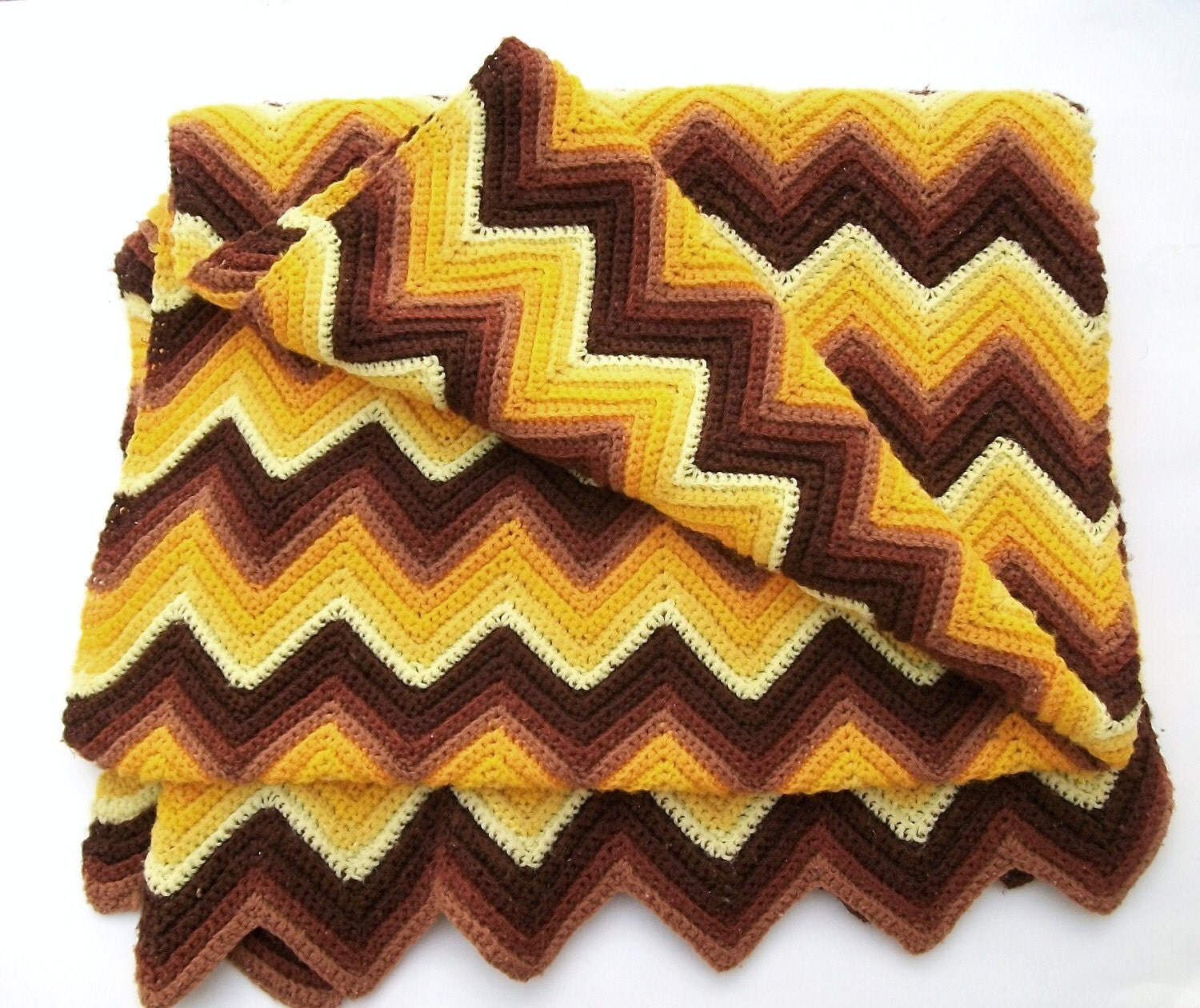 Vintage Afghan Brown Yellow Chevron Crochet Blanket by jacklom3