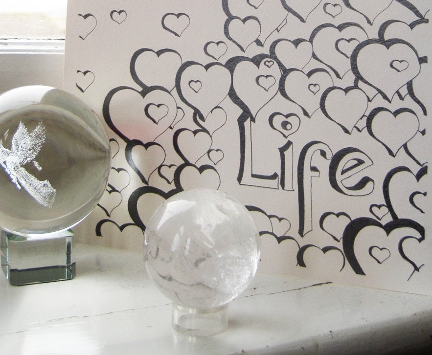 Life and Love Hearts Hand Drawn Pencil Illustration - 12x9" (30.5x22.5cm) No Ink