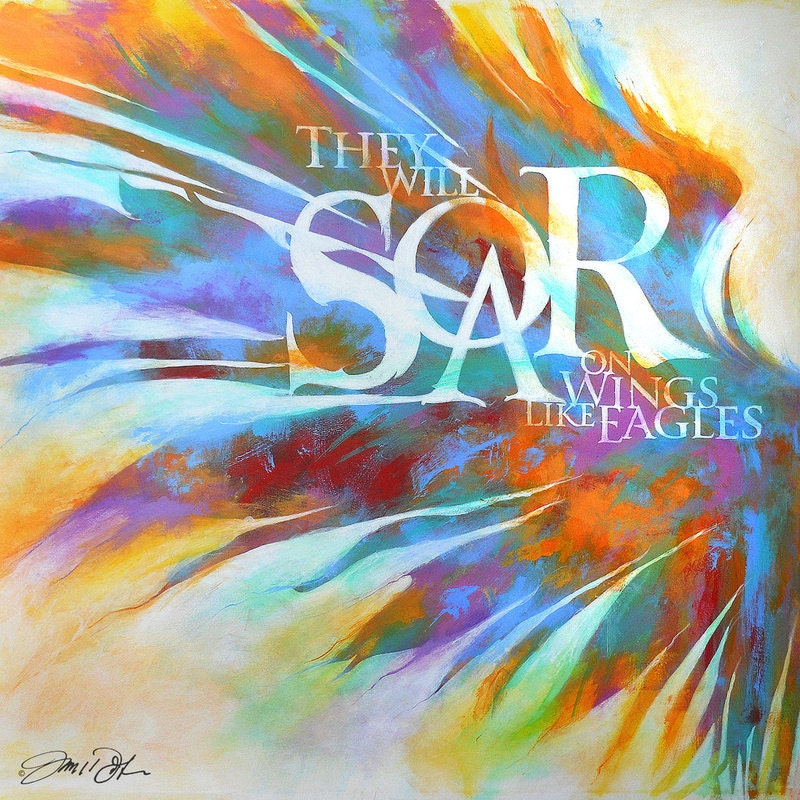 Eagles Soar Print, Artist Signed, Faith, Blue, Orange, Purple, Red, Rainbow, Winning, Fly, Running, Eagles, Wings, Scripture, Spiritual