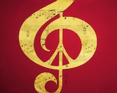 Red Gold Music Print Music and Peace Sheet Music Artist Signed Music Notes Treble Clef Red Black Gold Ready to Frame Disco Dance Home Decor