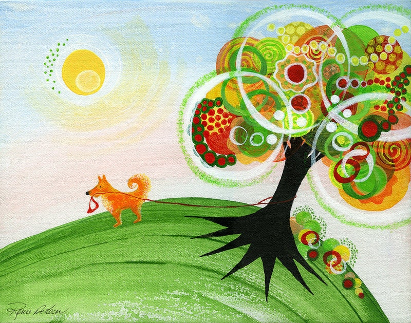 Happy Dog Print, 8 x 10, Dogs, Pets, Holding On Tree, Sunshine, Green, Red, Orange, Yellow, Rainbow, Nature, Circles, Kids, Decor, Happiness - Inspireuart