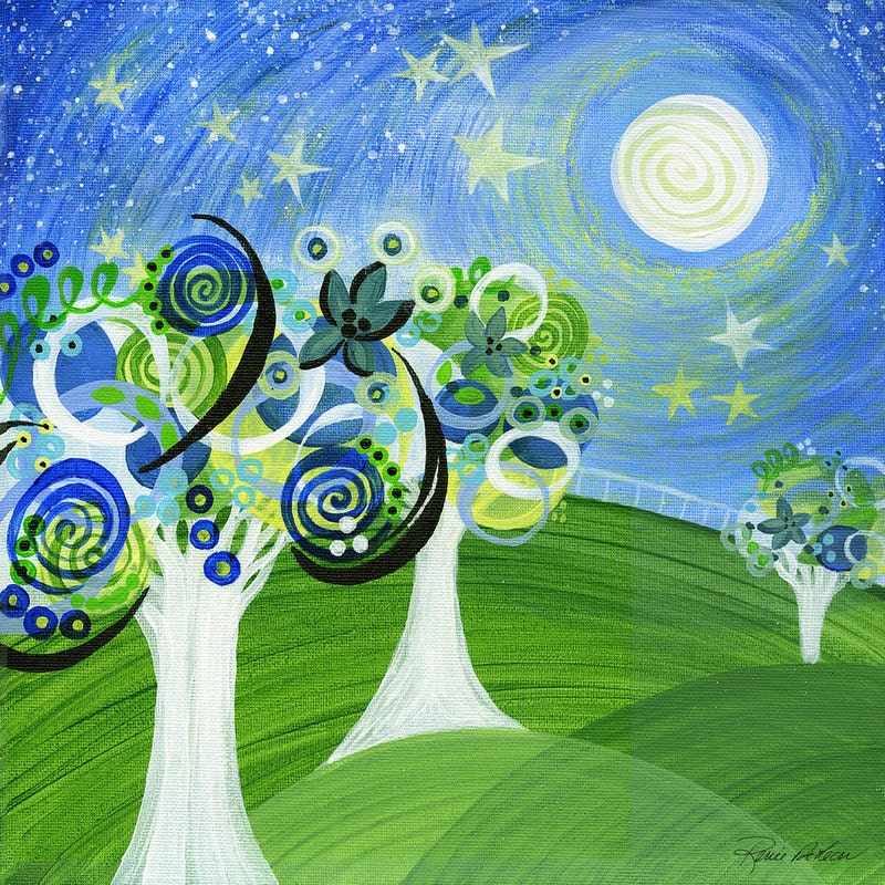 Free Shipping, Art, Canvas, Original Painting, Starry Night, Trees, 50/50, Charity, Cancer, TCAF, SHIPS FREE