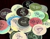 50 Eco Friendly Stickers: Vintage bicycle stickers, bike stickers, bike envelope seals, recycled stickers, 1 1/2 inch, 1.5" (3.8cm) circles