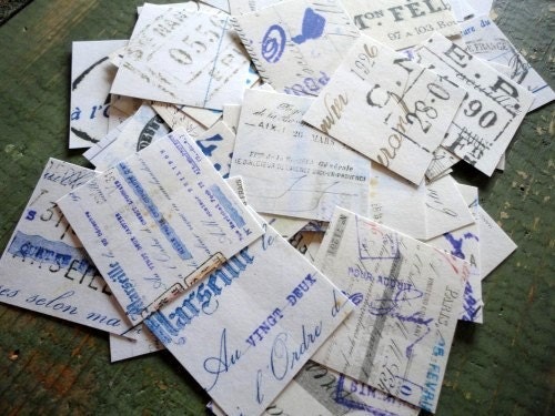 Eco Friendly Stickers: Vintage Receipt Stickers, Blue French receipt, vintage text, vintage stamp envelope seals,1.5" squares - Set of 50