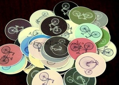 50 Eco Friendly Stickers: Vintage bicycle stickers, bike stickers, bike envelope seals, recycled stickers, 1 1/2 inch, 1.5" (3.8cm) circles