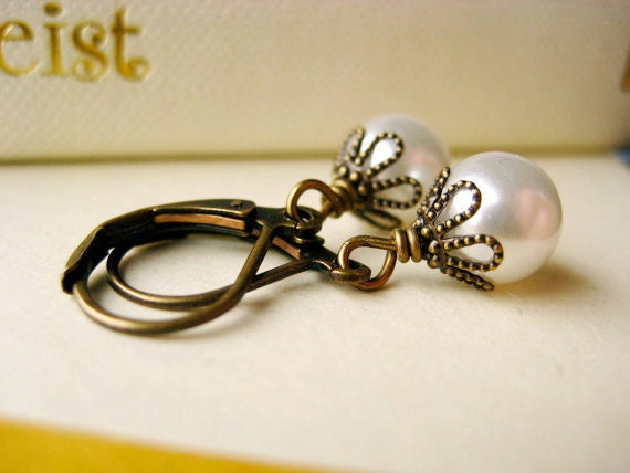 Small Pearl Earrings - bridal, bridesmaid earrings, antique brass, vintage inspired, filigree