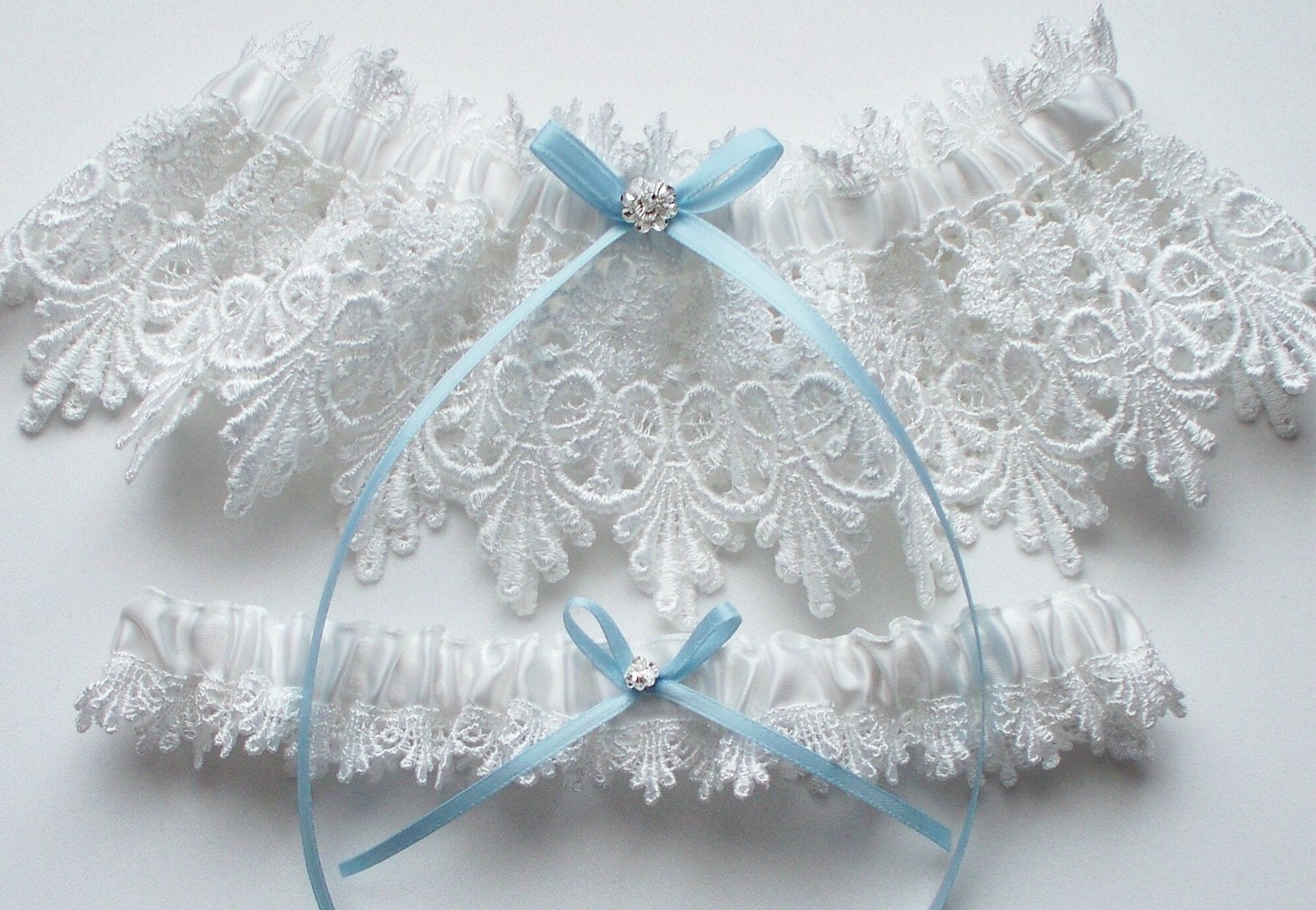 Wedding Garter Set with Blue Satin Ribbon Bow and Swarovski Crystal Centering - The ALICIA Garter Set