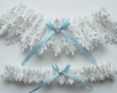 La Petite ALICIA White Lace Garter Set with Light Blue Ribbon Bow and Crystal Finding