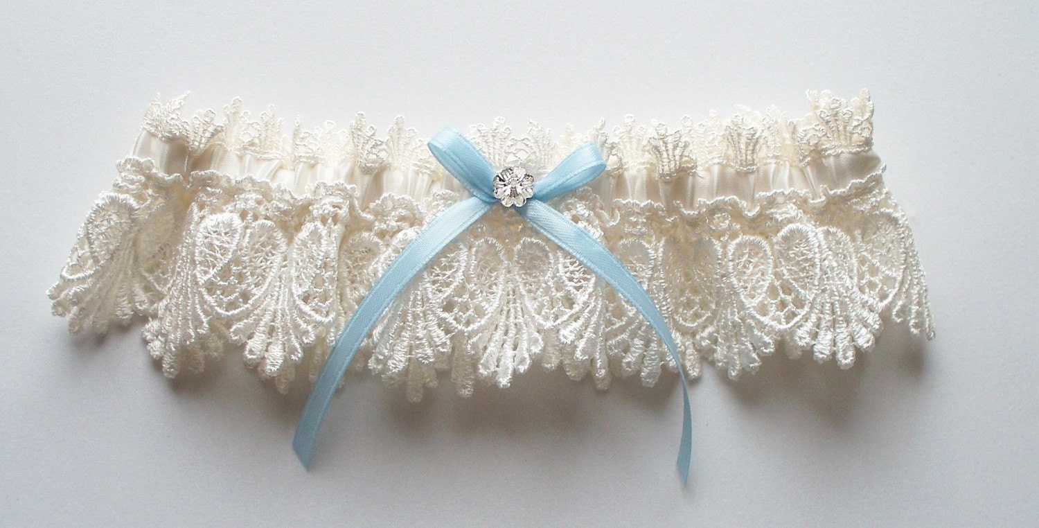 Ivory Garter with Light Blue Ribbon Bow and Margarita Crystal Center - The La Petite ALICIA Garter