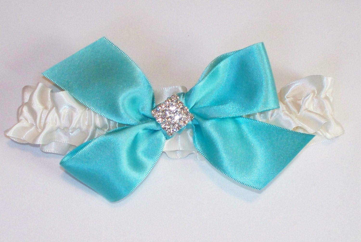 Tiffany Blue Wedding Garter with Bow and Rhinestone Finding