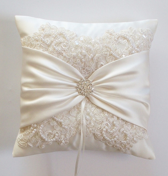Wedding Ring Pillow with Beaded Alencon Lace, Ivory Satin Sash Cinched by Crystals - The MIRANDA Pillow