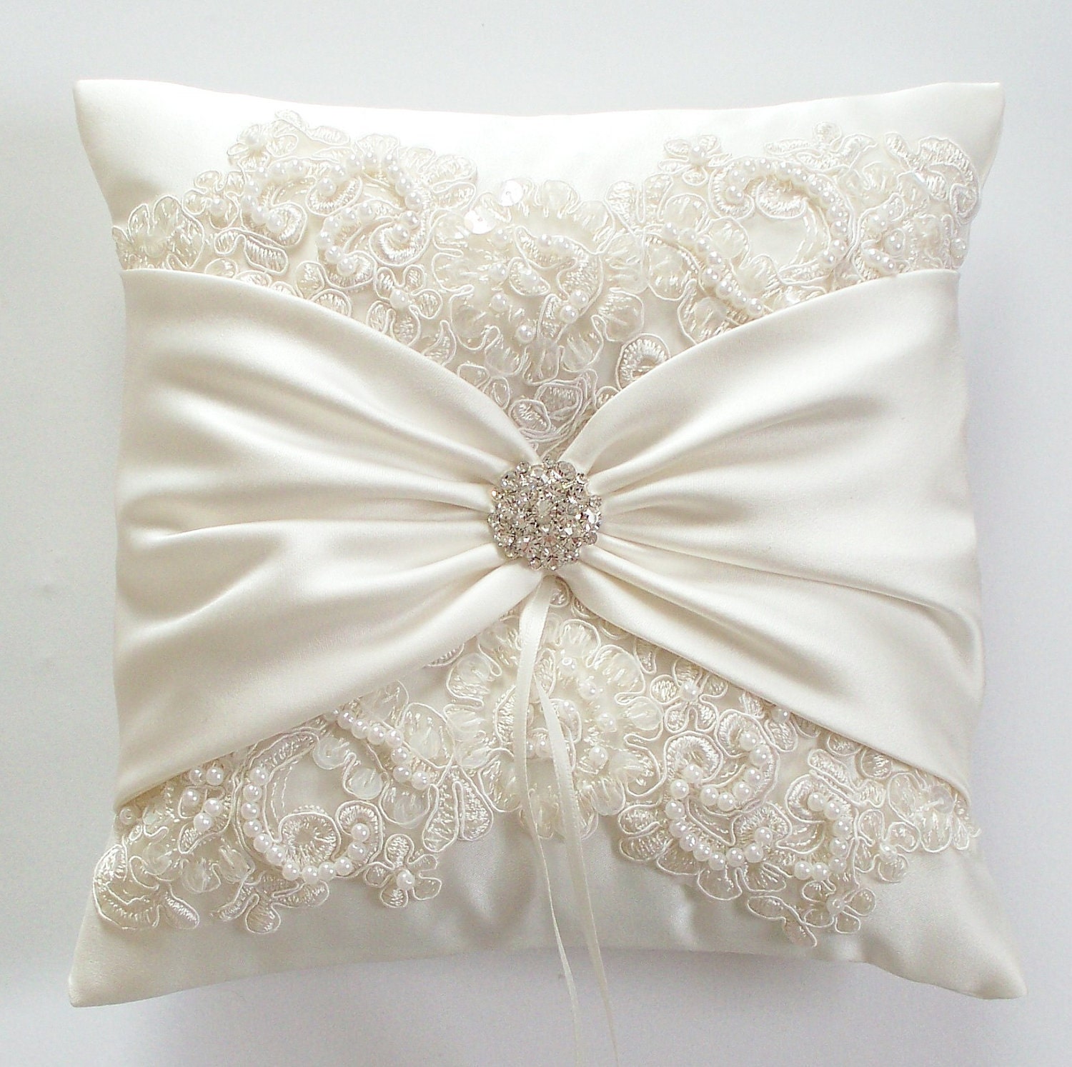 Wedding Ring Pillow with Beaded Alencon Lace, Ivory Satin Sash Cinched by Crystals - The MIRANDA Pillow