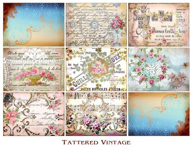 ATC Backgrounds Digital Download no.15 Altered Art/ Tags Antique Wallpaper Collage Sheet Tattered Vintage 15