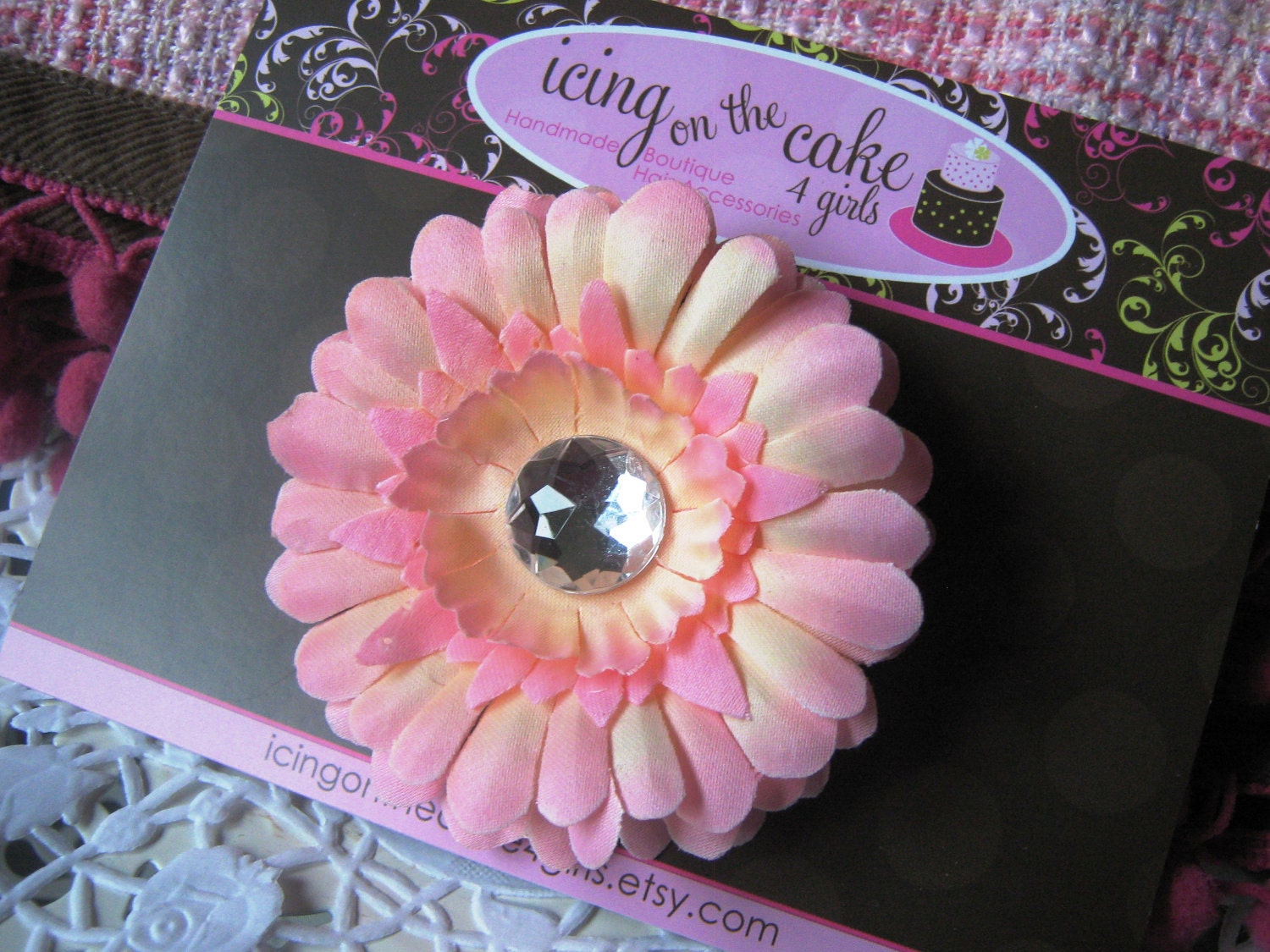 Small Pinky Peach No-Slip Silk Flower Clip with Crystal Center...Perfect for Everyday wear or as a Photo Prop...Ready to Ship