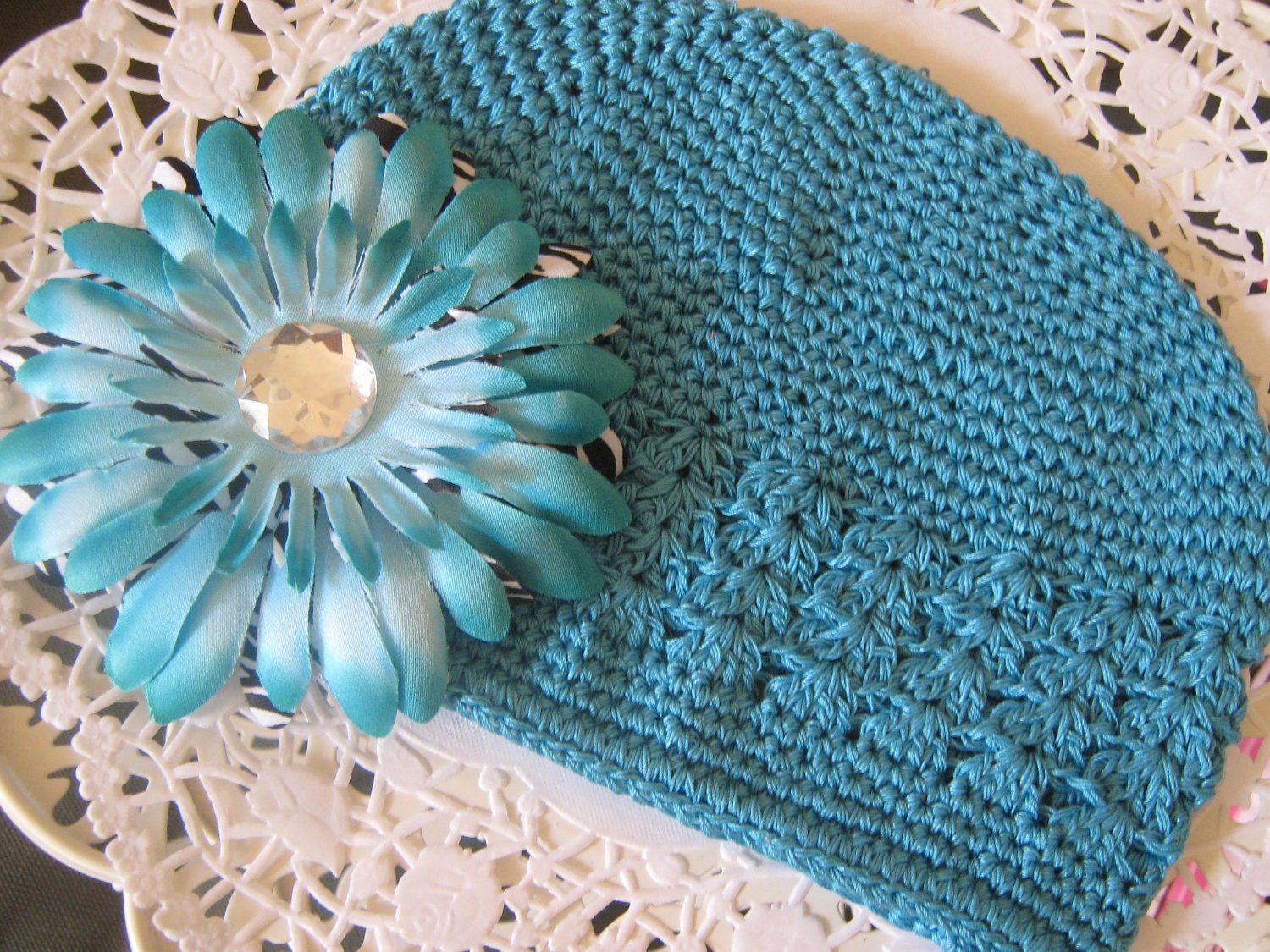 Toddler to Young Child Hand Crocheted Aqua Kufi Hat...Includes Aqua Zebra No Slip Clip...Ready to Ship
