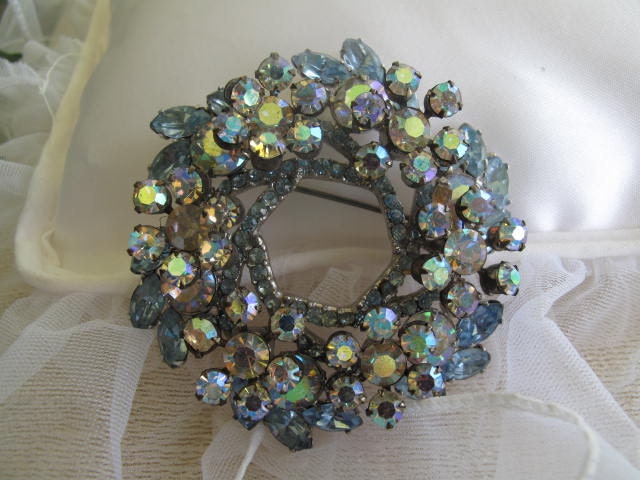 Vintage Bridal Blue and Clear Rhinestone Brooch