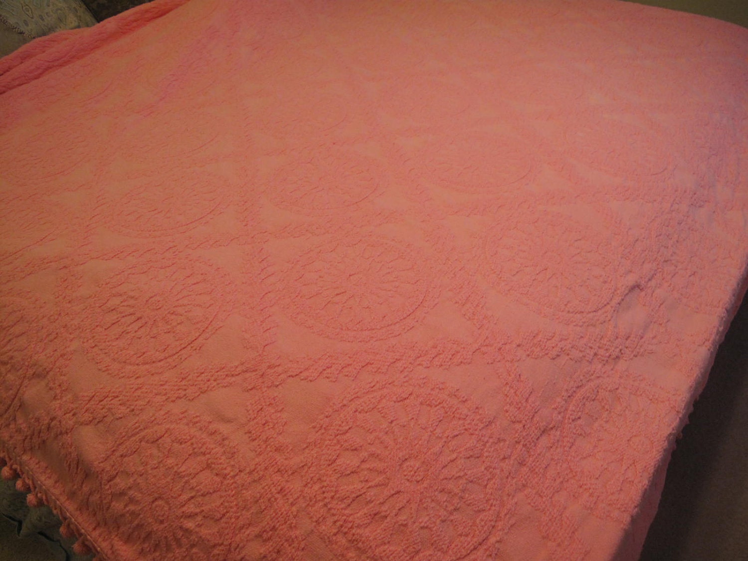 Pink Cotton Short Chenille Full Size Bedspread with Ball Fringe