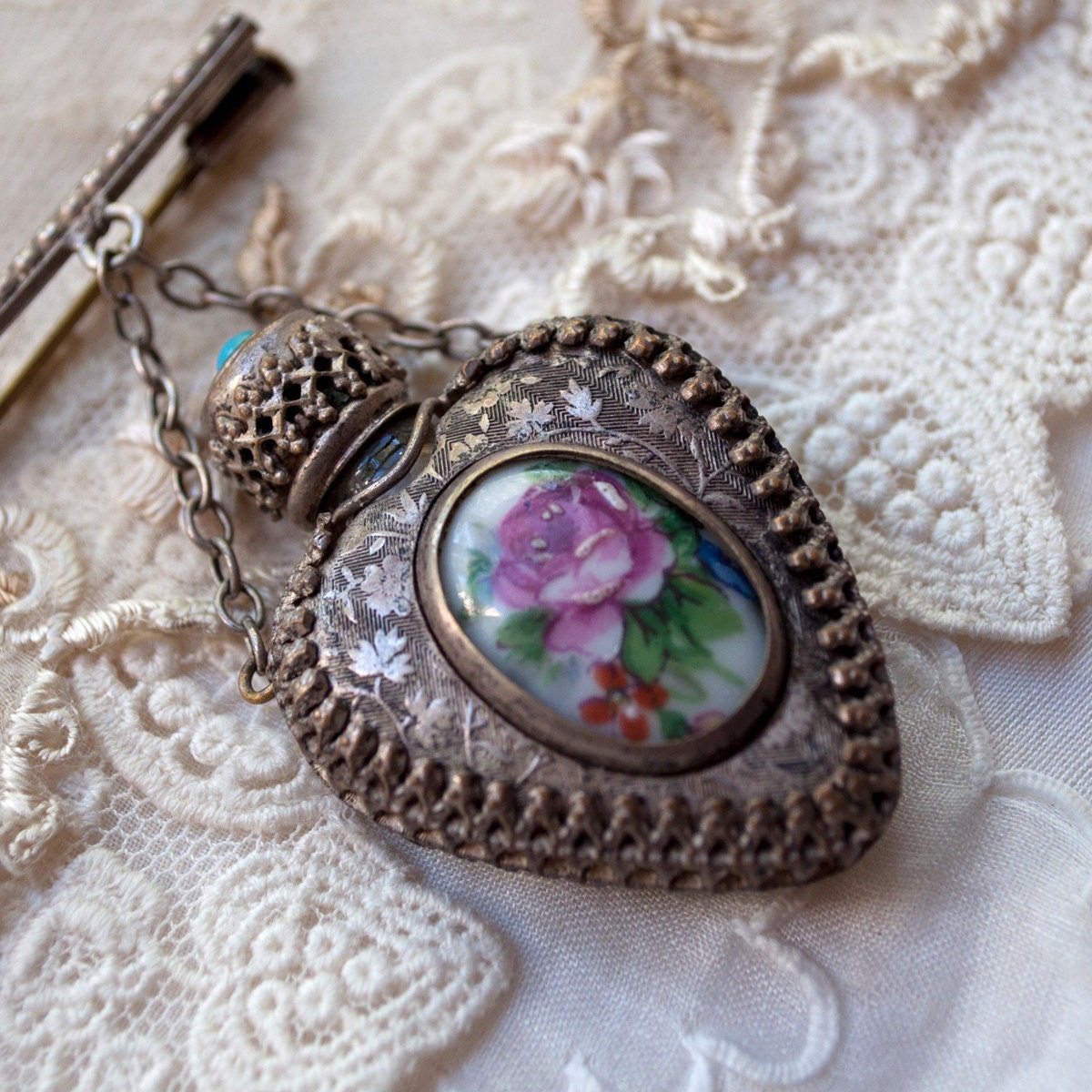 Vintage French Heart Perfume Bottle Brooch Pendant Brass Limoges France
