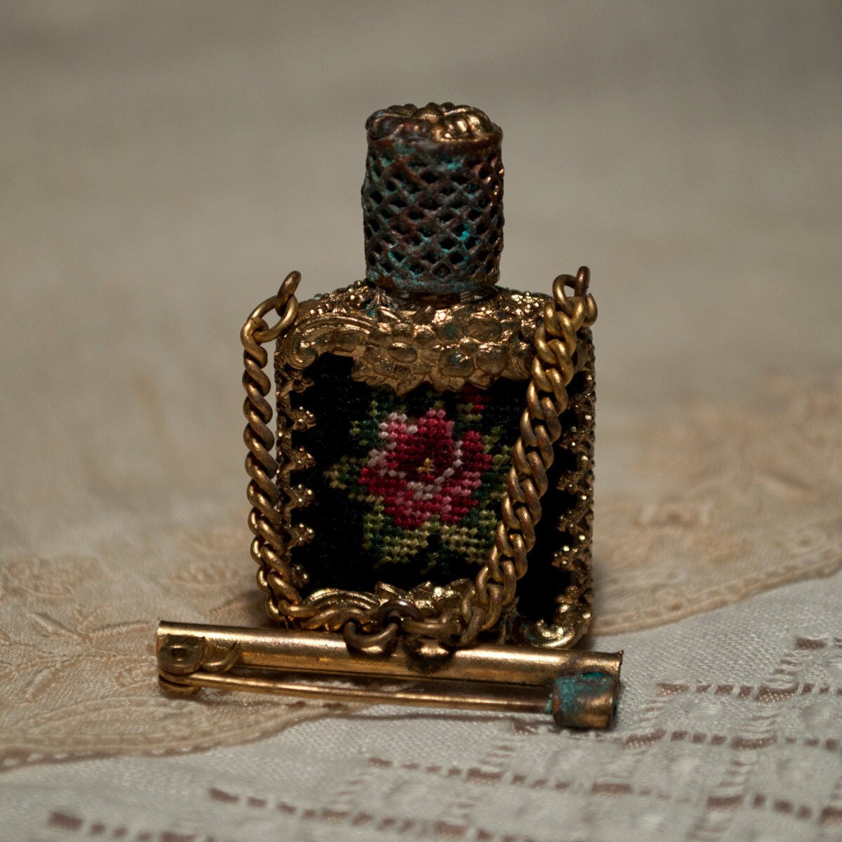 Perfume Bottle Brooch Vintage Brass Black by
