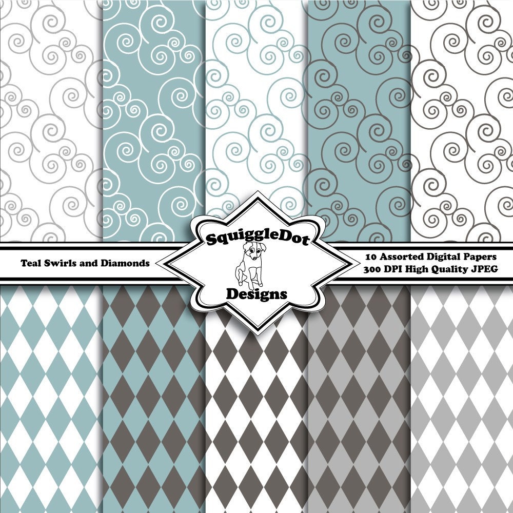 Digital Printable Paper for Cards, Crafts, Art and Scrapbooking Set of 10 - Teal Swirls and Diamonds - Instant Download