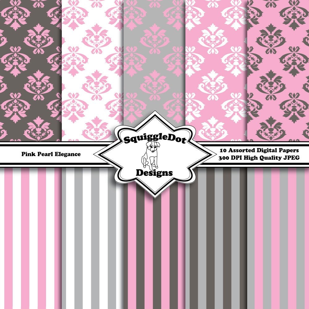 Digital Printable Paper for Cards, Crafts, Art and Scrapbooking Set of 10 - Pink Pearl Elegance - Instant Download