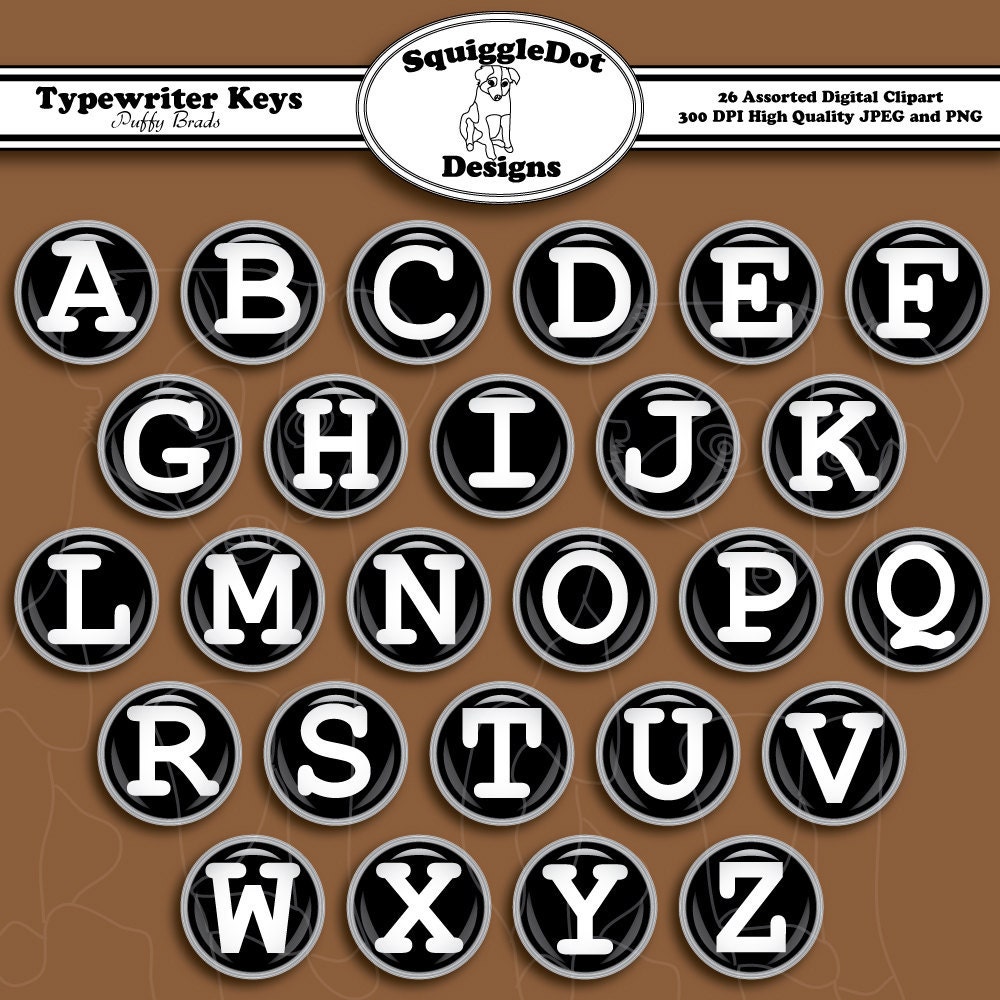 Digital Printable Brad Clip Art for Digital Scrapbooking Embellishments Set of 26 - Typewriter Keys Puffy Brads - Instant Download