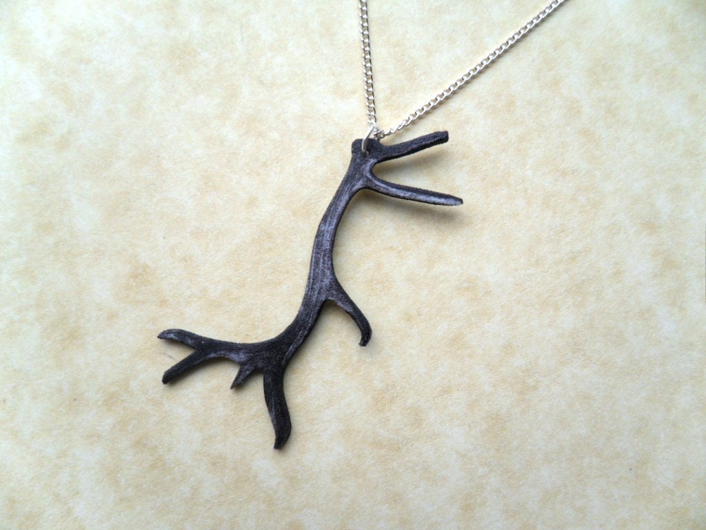 wild stag antler necklace and silver plated 18 inch long chain