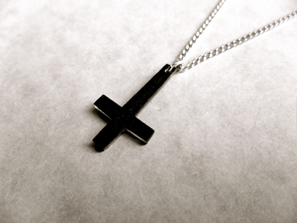 tiny dark inverted upside down cross charm necklace with silver chain