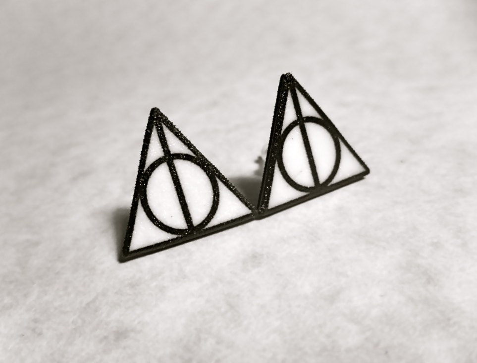Deathly Hallows triangle circle symbol stud post earrings black and white